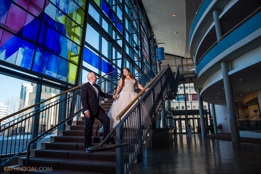 Living Arts Centre Mississauga Wedding Photos on the staircase