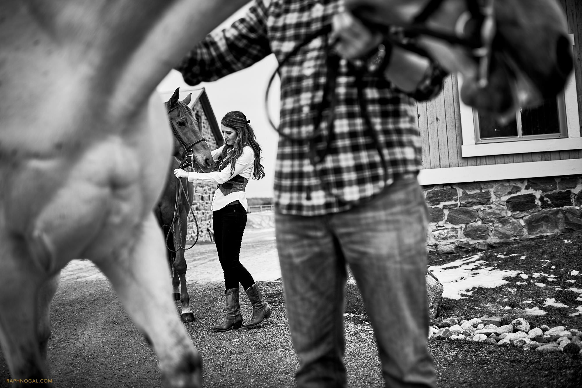 Prepping the horses at Stonewood Equestrian during engagement shoot