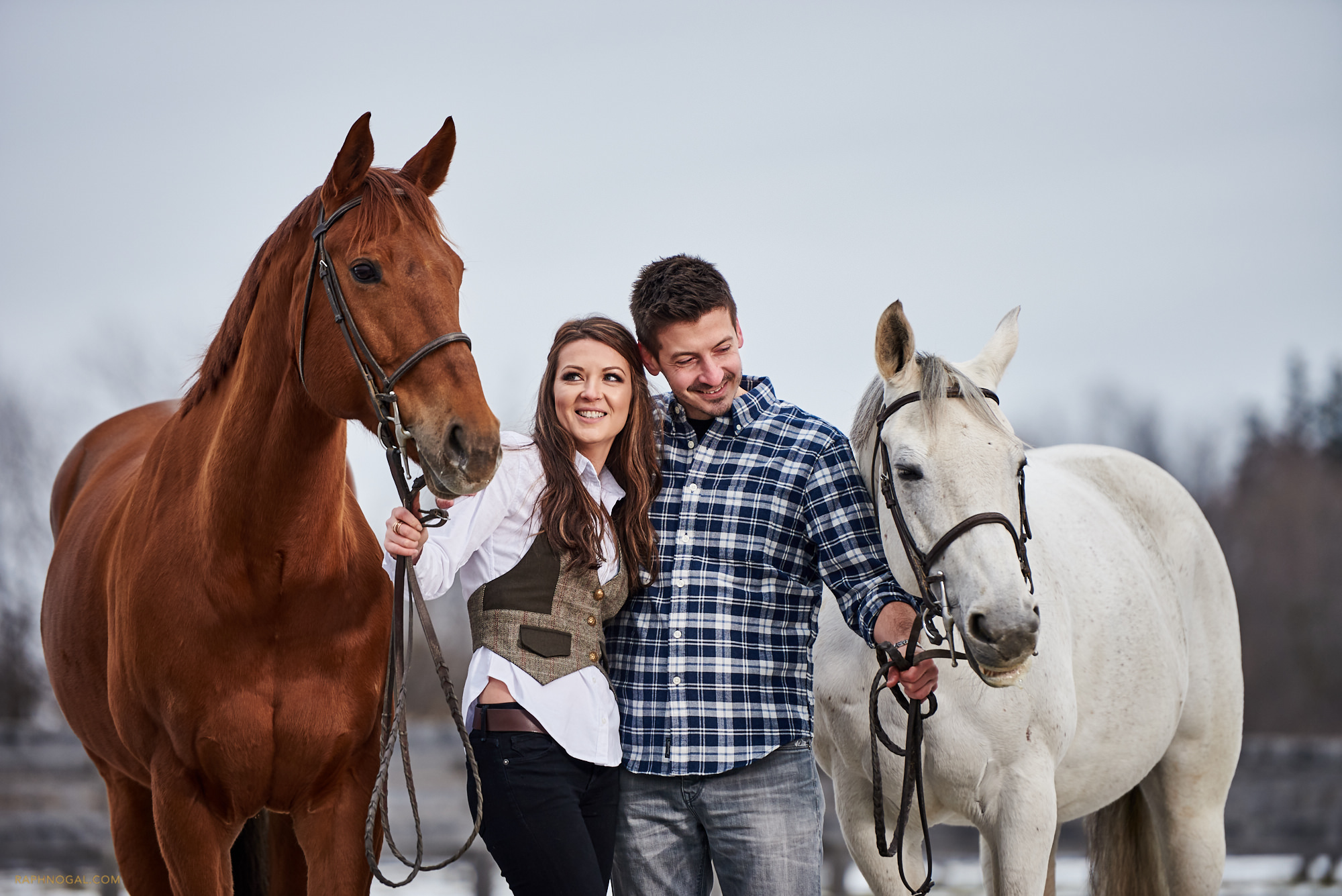 Couple with horses at Stonewood Equestrian during engagement shoot